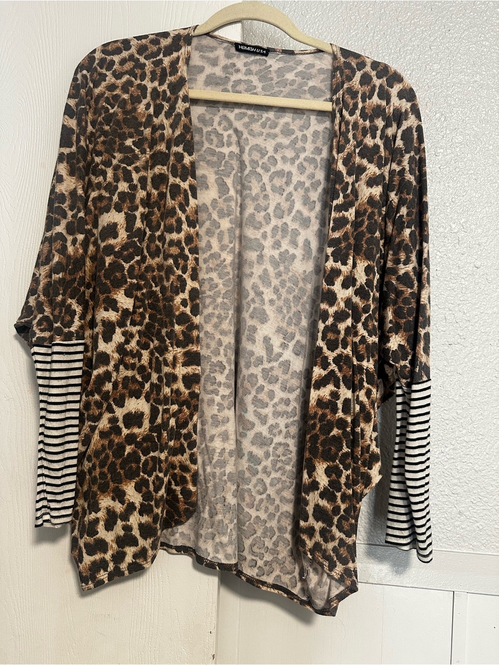 Leopard Print Open Cardigan with Striped Sleeve Accents - Brown